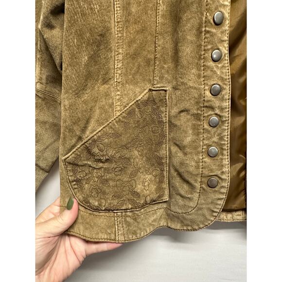 Vintage Christopher & Banks 100% Leather Tan Suede Snap Front Embossed Medium - Picture 3 of 12